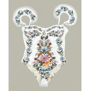 Farm Rio Swimsuit Sweet Bloom Bouquet One Piece White Flutter Floral Size M NEW